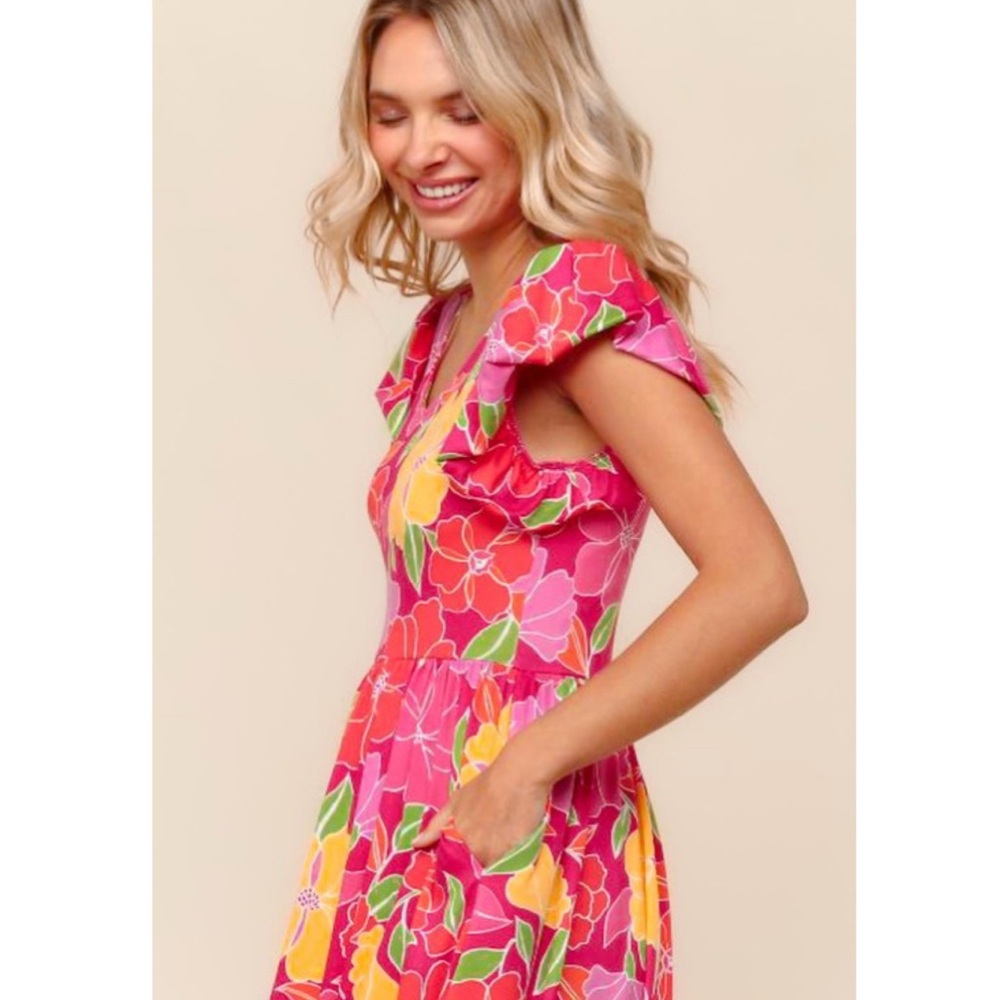 Fuchsia/Yellow Floral Midi Dress with Folded Ruffle & Pockets - Picture 6 of 10